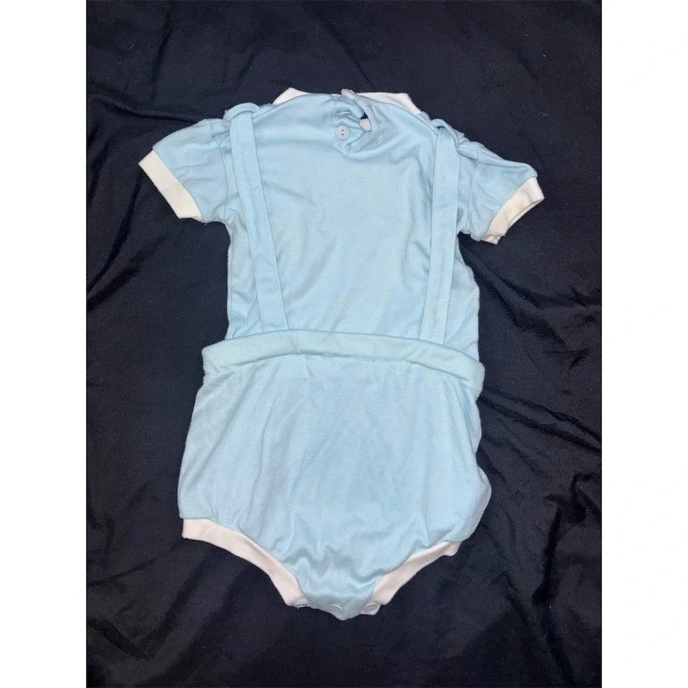 Vintage Baby Romper One-Piece Light Blue Suspender Bunny Bear Duck 9M Jon Jon